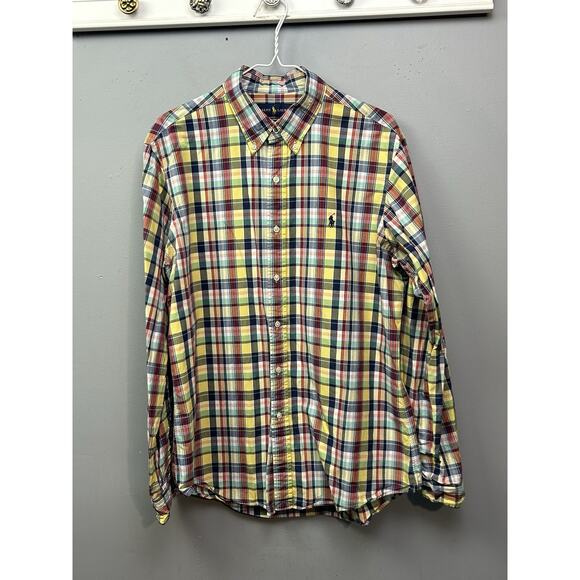 Ralph Lauren Shirt Mens Large Yellow Plaid Custom Fit Cotton Blue Pony Preppy - Picture 1 of 7